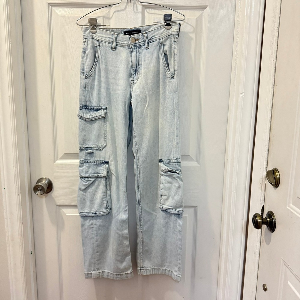 Aeropostale Womens 00 Light‎ Wash Denim Cargo Jeans Baggy Wide Leg Y2K *flaw*